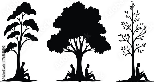 Reading tree silhouette, people under tree, nature relaxation, learning outdoors, peaceful forest art, education concept, calm study scene, mindfulness illustration, harmony design