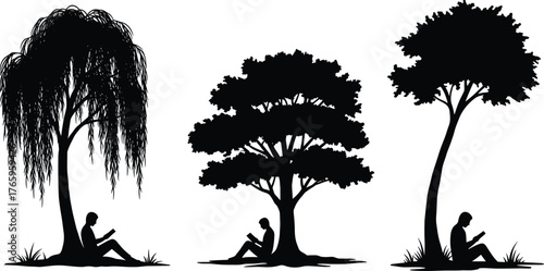 Silhouette of people reading under trees, relaxing outdoors, nature education concept, peaceful forest study scene, tranquil learning and mindfulness illustration