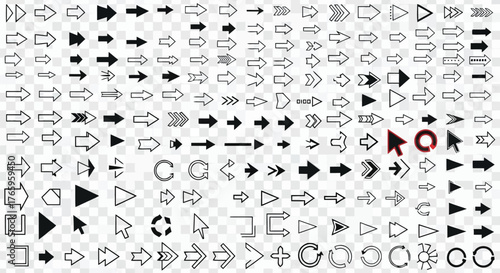 Vector illustration of an extensive collection of diverse arrow icons and symbols in various styles, directions, and forms, suitable for navigation and design elements