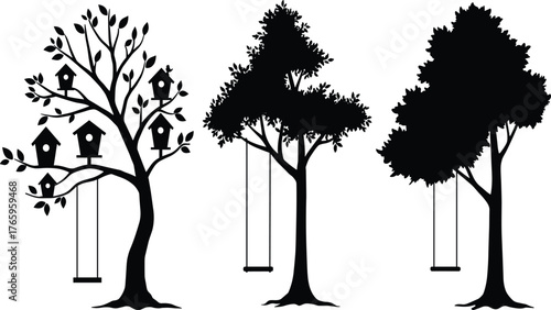 Silhouette of trees with swings and birdhouses, playful outdoor scene, childhood nostalgia, garden art, nature illustration, peaceful family environment