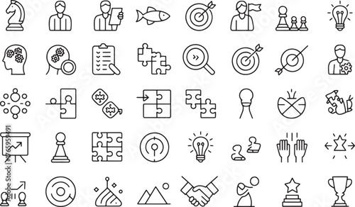 A set of 30 black and white line art icons neatly arranged in 5 rows  