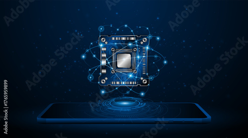 Microchip circuit board technology on tablet or smartphone. Data processing concept. Hi-tech technology background of circuit board. Vector illustration.
