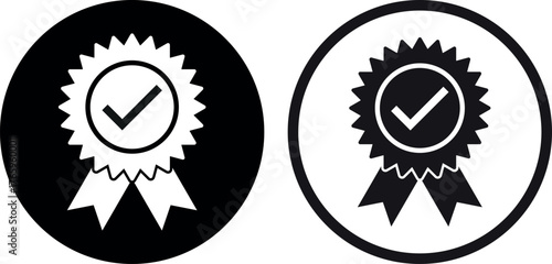 Certificate medal icon set in two styles . Approval check medal icon . Quality badge icon . Vector illustration