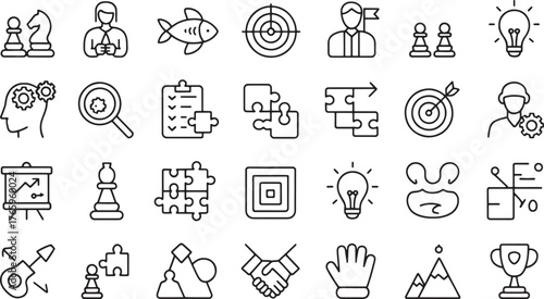 A set of 30 black and white line art icons neatly arranged in 5 rows  