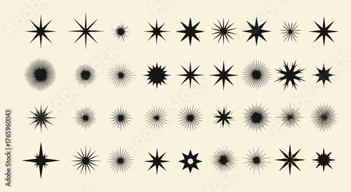 Vector illustration of a collection of various starburst and star shapes in black on a light cream background, representing different styles and sizes of festive or decorative elements