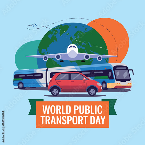 Vector art of world public transport day celebrated with diverse modes of transportation including an airplane, bus, and car, symbolizing global connectivity and mobility