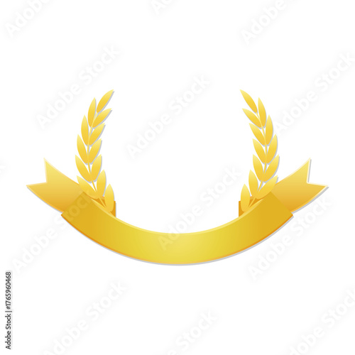 Golden award laurel with gold ribbon banner. Vector illustration. Award, emblem, badge.