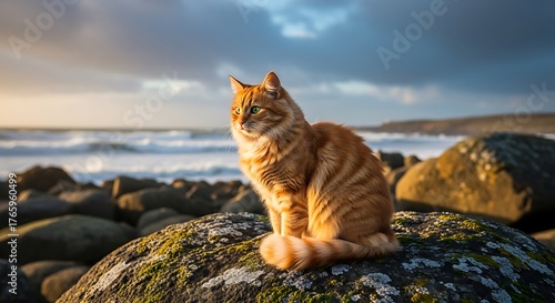 Fototapeta Naklejka Na Ścianę i Meble -  Orange cat sunset ocean rocks.