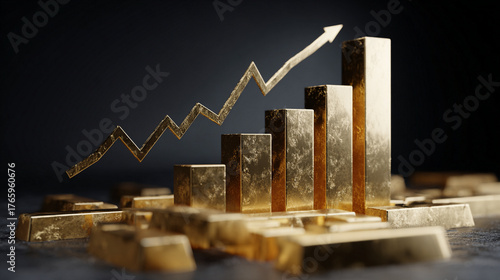 A digital illustration showing the price of gold rising, with a glowing gold bar or coin ascending on a graph