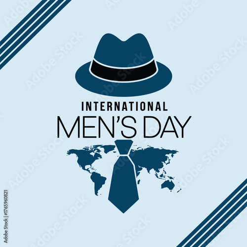 Vector art of international mens day graphic with a fedora hat, tie, and world map silhouette on a light blue background