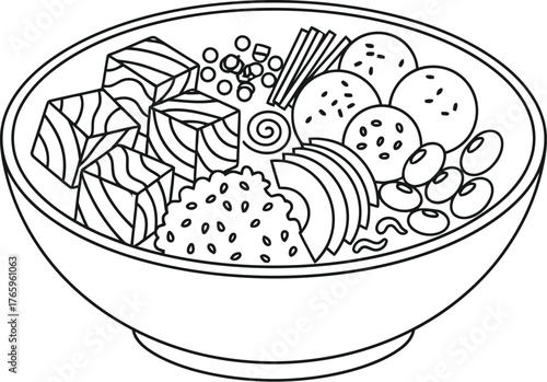 Poke Bowl Outline Vector with Deconstructed Ingredients