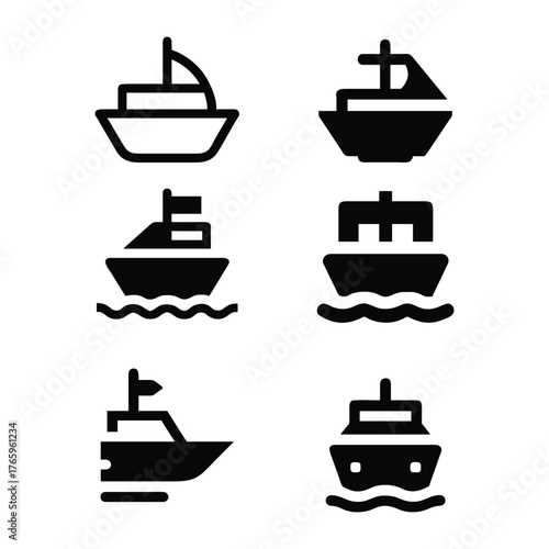 jet boat silhouette icons set side, front, back, and top views vector art illustration