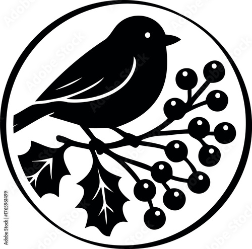 Winter holidays laser cut circle coaster template with bird on holly branch  ornaments. Cnc cutting with metal, wood, glass, engraving. Christmas decor. Vector round design