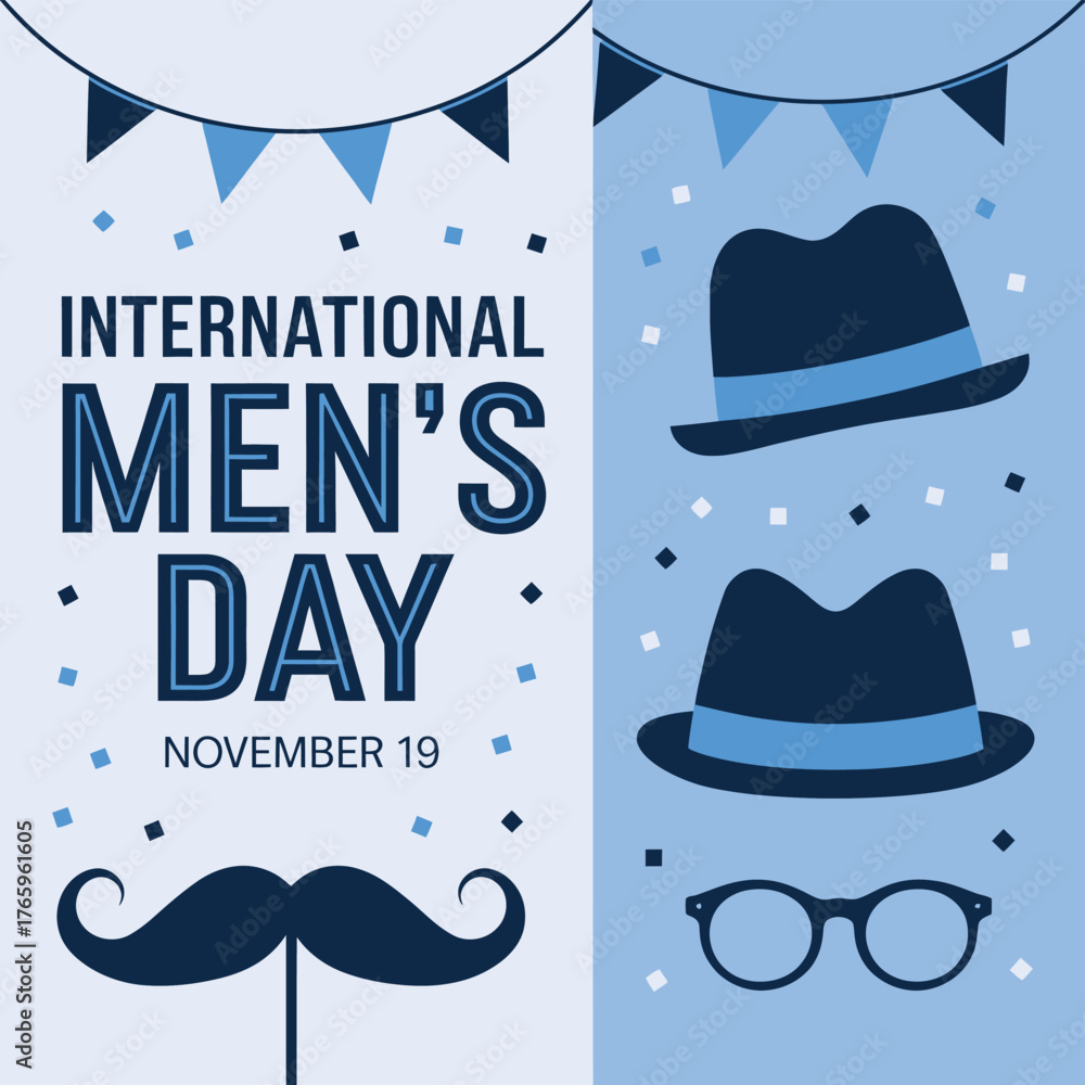 Naklejka premium Vector art of international mens day poster with a split design, showcasing hats, mustaches, and glasses on one side and text on the other, celebrating men on november 19th