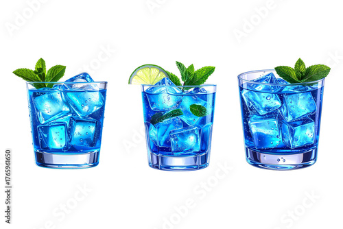 Three refreshing blue cocktails with mint lime and ice glowing stylishly against a dramatic transparent background scene