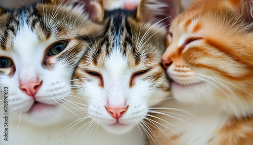 Three Cats Snuggled Together – Adorable Feline Trio in Cozy Close-Up, Whisker-to-Whisker Love: Triple Cat Cuddle Moment Captured