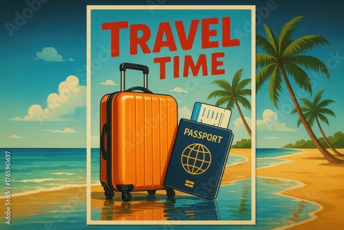 A vector poster design showcasing travel‑time text, featuring summer travel items such as a bag, luggage, passport, and ticket against a beach vacation background