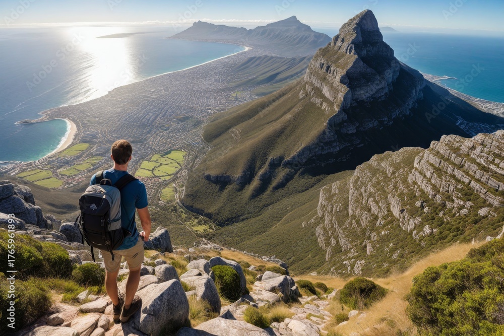 Fototapeta premium Wanderer auf dem Tafelberg mit atemberaubendem Blick auf Kapstadt und die Küste