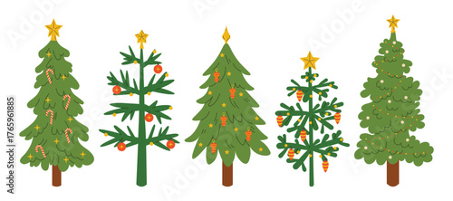 Set of decorated Christmas tree with toys in flat cartoon style. Festive holiday illustration for greeting, sticker, print, web, card, winter decoration, or cheerful New Year design.