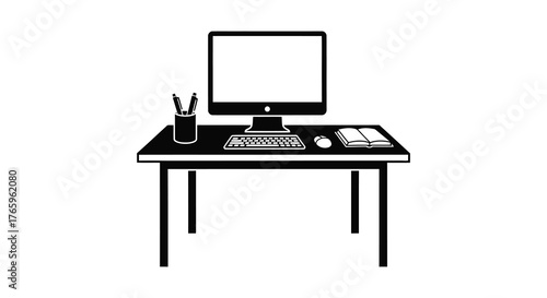 A minimalist black and white illustration of a computer desk setup with a monitor keyboard mouse and pens in a holder silhouette