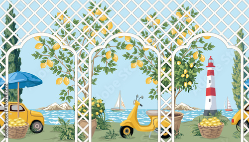 Italian coast, lemon tree, pergola, scooter, car, cypress tree, sea wave, sailboat, lighthouse, island seamless border. Summer seafront Mediterranean mural.