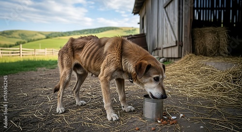 Thin Dog Eating Farm Food.