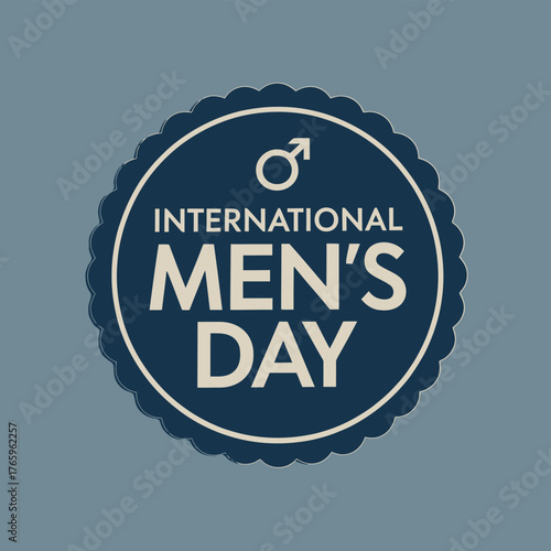 Vector art of international mens day emblem with male symbol and text on a blue background, celebrating mens achievements and contributions globally