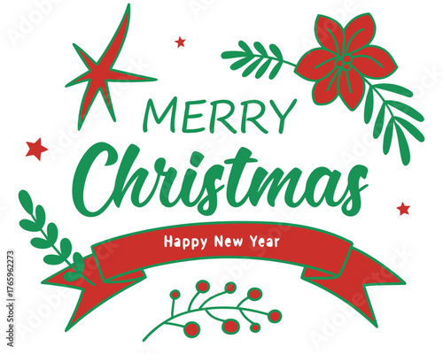 Festive Merry Christmas and Happy New Year Illustration with Red and Green Elements