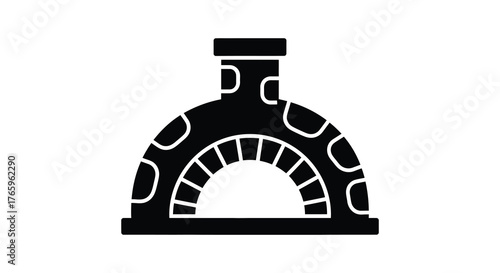 Black silhouette of a traditional brick pizza oven with an arched opening and chimney on a white background