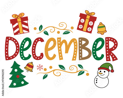 Festive December Illustration with Gifts Christmas Tree Snowman Bells and Decorative Swirls