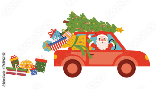 Cheerful Santa Claus waving from red car with Christmas tree and gift boxes falling from sack in cozy flat cartoon style. Perfect for Christmas design, card, decoration, or joyful winter artwork.