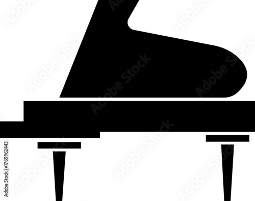 Piano Icon Grand Piano Symbol and Musical Instrument Group, Keyboard, Classical Music, Electric Piano, Melody, Performance, Entertainment Vector in Black Flat Style