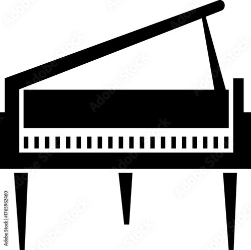 Piano Icon Grand Piano Symbol and Musical Instrument Group, Keyboard, Classical Music, Electric Piano, Melody, Performance, Entertainment Vector in Black Flat Style