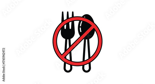 Red prohibition sign overlaying a black silhouette of a fork and spoon indicating no eating or dining allowed silhouette