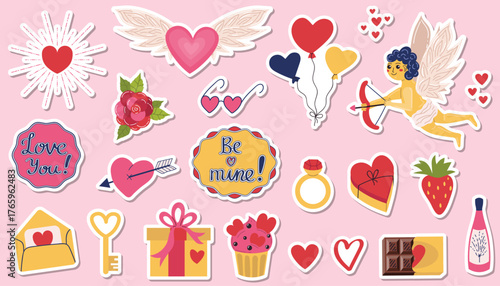 A set of Valentine's Day stickers with hearts and Cupid, gift boxes and a rose, balloons and a ring, chocolate and champagne. Stickers with love you and be mine slogans. Set of symbols of love.