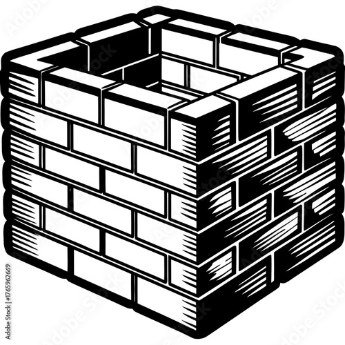 Brick wall or well structure, black and white line art, solid construction and barrier symbol