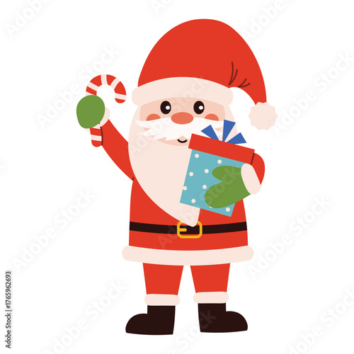 A cheerful Santa Claus with a beard, mustache, and a red cap with a pom-pom holds a candy cane and a gift. A Christmas character. A symbol of Merry Christmas.