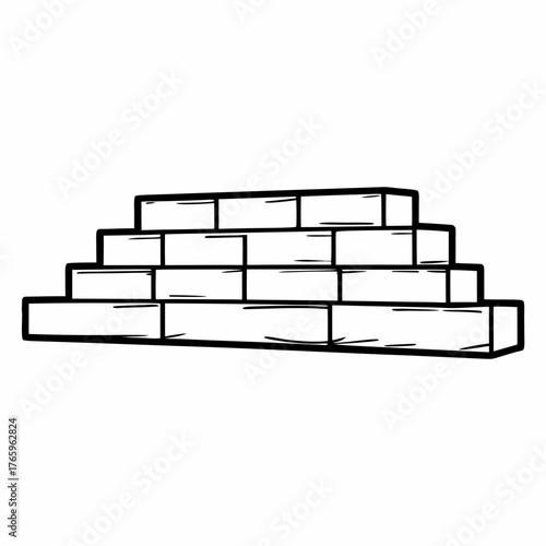 Stack of bricks or blocks, black outline cartoon drawing, construction and building material symbol