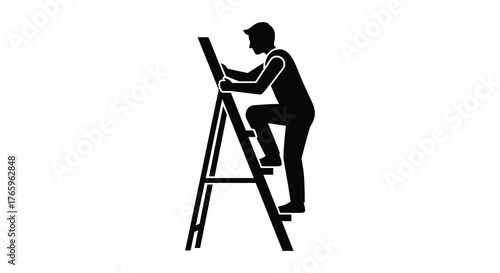 A person climbing a stepladder depicted in a stark black silhouette against a white background symbolizing effort and progress silhouette