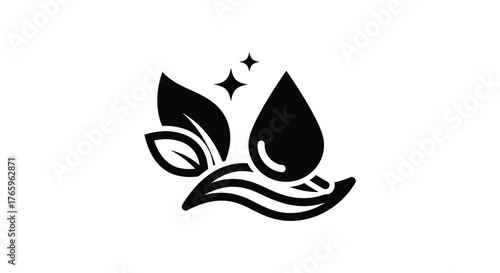 Stylized black silhouette of a water droplet and leaves with sparkling stars representing nature and purity silhouette