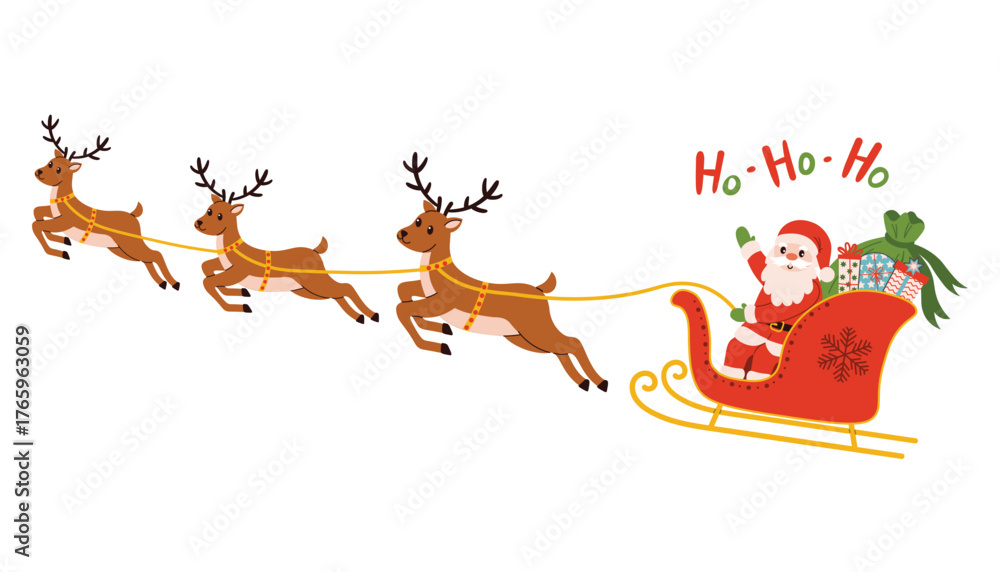Fototapeta premium Happy Santa Claus in cartoon flat style on sleigh with reindeers and sack of presents waving and saying ho-ho-ho. Flat cartoon Christmas symbol, perfect for greeting card, poster, winter decoration.