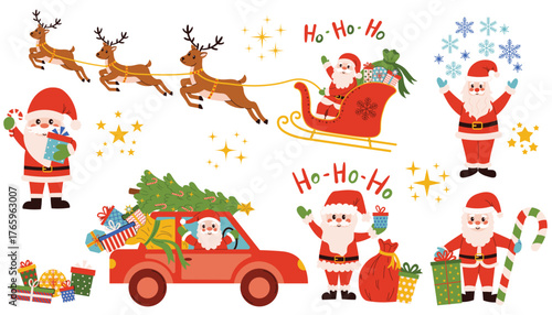 A set of happy Santa Clause with candy cane, with a sack of gifts, on a red car with a Christmas tree on the roof, on a sleigh pulled by reindeer, with snowflakes, waving and saying ho-ho-ho.