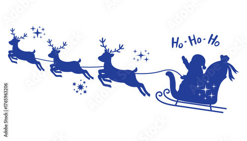 Blue silhouette of Santa Claus riding sleigh pulled by reindeers, saying ho-ho-ho with stars around. Flat cartoon style Christmas illustration for holiday design, greeting, card, or festive print.