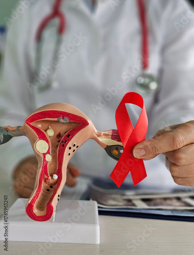 Model of uterus with healthcare professional holding red ribbon for awareness about women's health