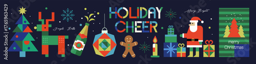 Modern geometric Christmas vector set. Abstract illustrations of Santa Claus, reindeer, tree, snowflake, gift box, and festive typography. Minimal  design for cards, posters, and banners.