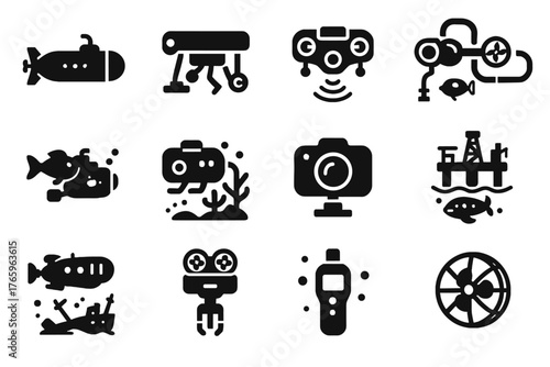 Monitor icons underwater shipwreck exploration vector drone coral submarine propeller icon