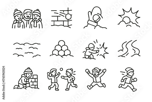 Behind icon icons snowball fight friends vector snowy icy ground child preparing