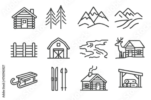 Pine retreat deer mountain cabin barn wooden icons outside vector skis icon