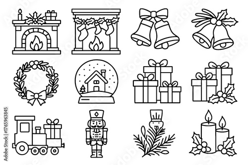 Vector icons fire icon festive fireplace holiday snow mantel bells train wreath