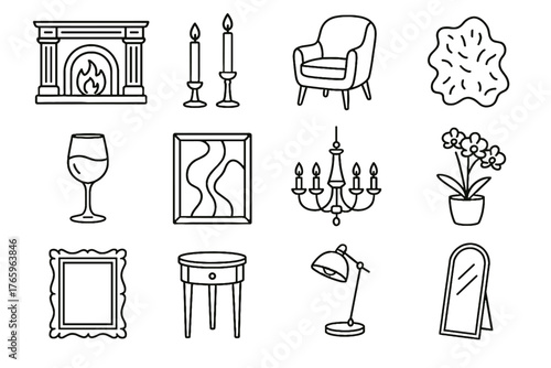 Icon vector frame rug potted fireplace table mirror icons chair luxury chandelier